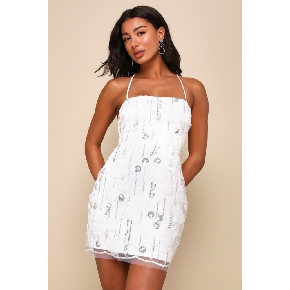 Lulus Sleeveless Sparkly Icon White Tulle 3D Floral Sequin Lace-up Mini Dress, L